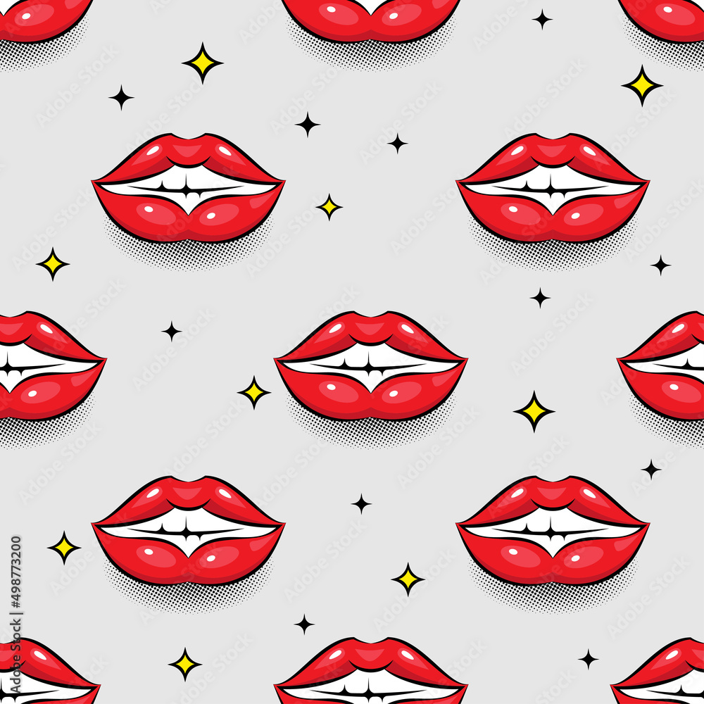 Seamless bright pattern of red lips in comic style on a gray background. Vector stock image Seamless bright pattern of red lips in comic style on a gray background. Vector stock image