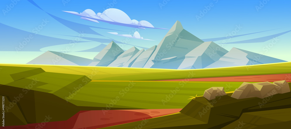 Obraz premium Cartoon nature landscape green plain or field with dirt road, grass and rocks under blue sky with fluffy clouds, picturesque scenery background, natural tranquil countryside scene, vector illustration