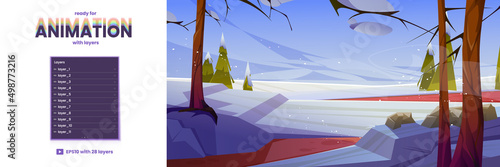Winter landscape ready for game animation. Cartoon separated layers snow lying on field and branches, road, spruces under cloudy sky with falling snowflakes. 2d parallax background vector illustration