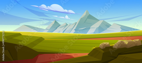 Cartoon nature landscape green plain or field with dirt road, grass and rocks under blue sky with fluffy clouds, picturesque scenery background, natural tranquil countryside scene, vector illustration