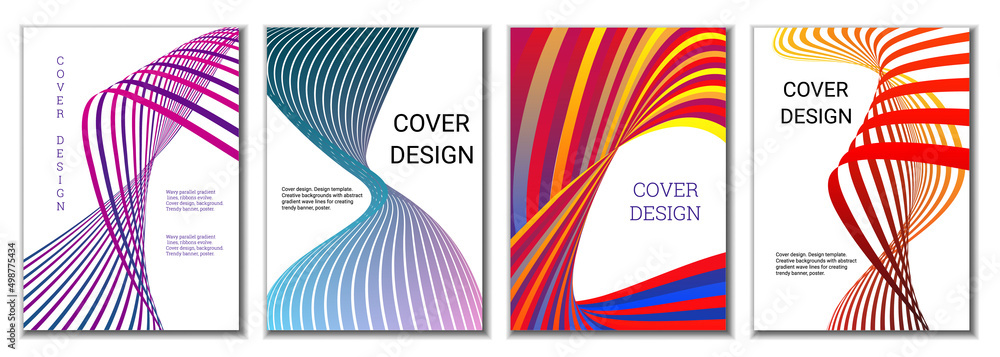 A set of 4 abstract covers. Wavy parallel gradient lines, ribbons evolve. Cover design, background. Trendy banner, poster. A set of 4 abstract covers. Wavy parallel gradient lines, ribbons evolve. Cover design, background. Trendy banner, poster.