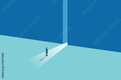 PrintBusiness or career opportunity vector concept with businessman in gate. Symbol of new job, success, ambition and motivation. Planning and strategy concept.