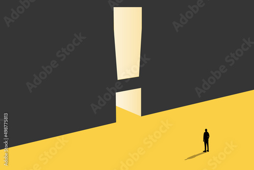 Business solution or strategy vector concept with businessman and exclamation mark on wall. Symbol of planning, business future. Eps10 illustration.