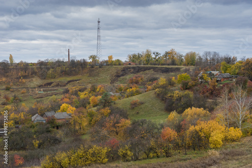 Fall landscape with small remote hamlet Kharkivshchyna in Sumskaya oblast, Ukraine