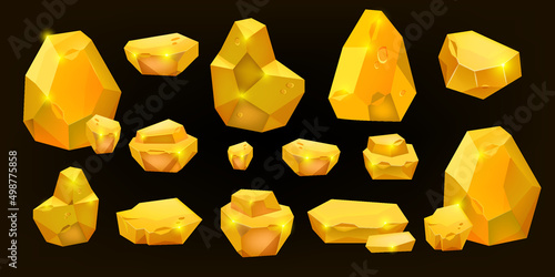 Gold nugget vector icon set, golden game UI stone kit, cartoon treasure amber rock isolated on black. Precious ore mining object collection, polygon boulder heap, yellow metal. Gold nugget clipart