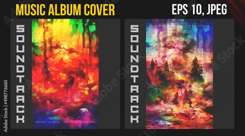 Music Album Cover for the Web Presentation. Gaming fantasy celtic forest.  Colorful Background. Vinyl and CD DVD cover artwork. Square posters, book, flyers, banners, leaflets.  Digital art template 