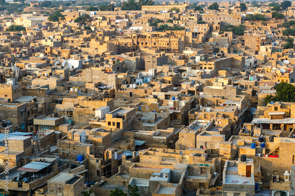 View at the golden city of Jaisalmer from the fortress, Rajasthan, India, Asia