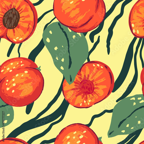 Seamless pattern of peaches in modern style. Vector illustration of fresh tasty fruits with leaves. Bright contemporary ornament. Design for decor, wallpaper, background, textile.
