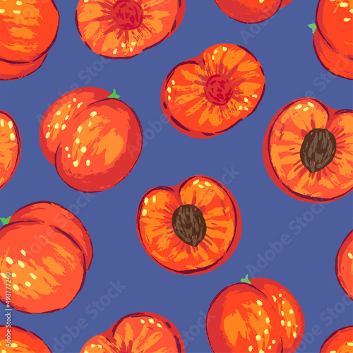 Seamless pattern of peaches in modern style. Vector illustration of fresh tasty fruits. Bright contemporary ornament. Design for decor, wallpaper, background, textile.