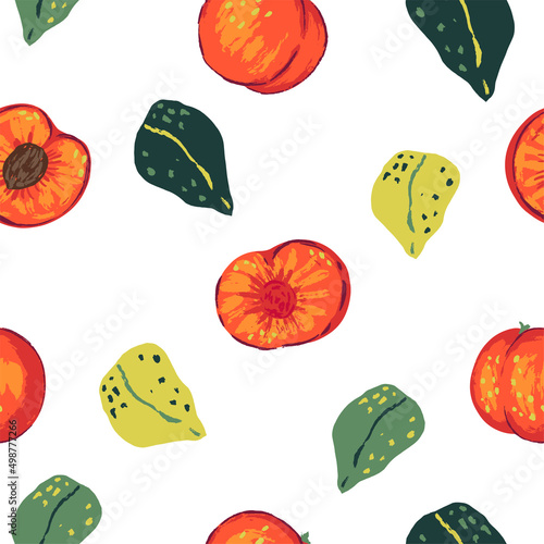 Seamless pattern of peaches in modern style. Vector illustration of fresh tasty fruits with leaves. Bright contemporary ornament. Design for decor, wallpaper, background, textile.