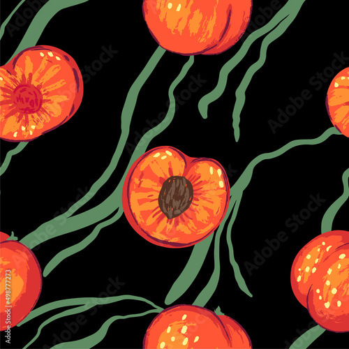 Seamless pattern of peaches in modern style. Vector illustration of fresh tasty fruits. Bright contemporary ornament. Design for decor, wallpaper, background, textile.