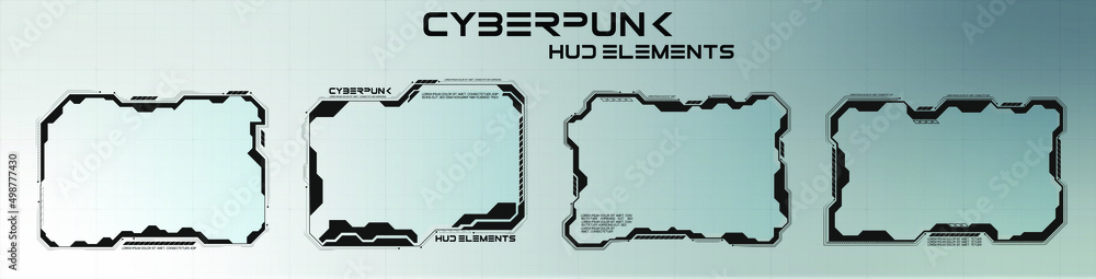 Sci-fi concept design banner. Futuristic vector HUD interface screen design. Names of digital callouts. Set of futuristic HUD UI GUI screen elements. High-tech screen for video games. Cyberpunk style
