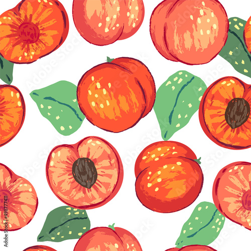 Seamless pattern of peaches in modern style. Vector illustration of fresh tasty fruits with leaves. Bright contemporary ornament. Design for decor, wallpaper, background, textile.
