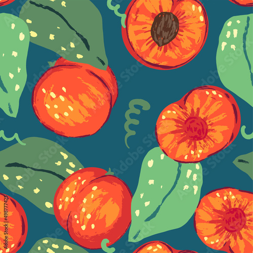 Seamless pattern of peaches in modern style. Vector illustration of fresh tasty fruits with leaves. Bright contemporary ornament. Design for decor, wallpaper, background, textile.
