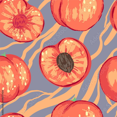 Seamless pattern of peaches in modern style. Vector illustration of fresh tasty fruits. Bright contemporary ornament. Design for decor, wallpaper, background, textile.