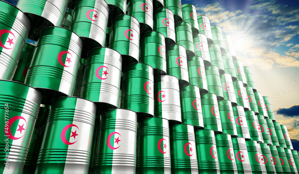 Oil barrels with flag of Algeria - 3D illustration