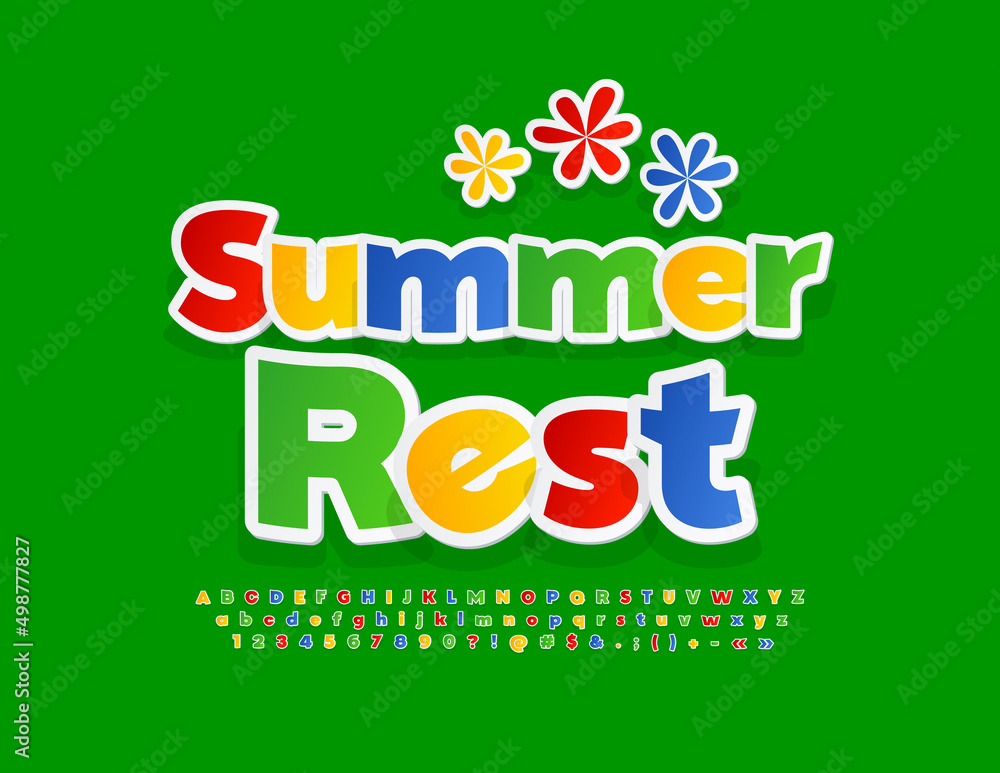 Naklejka premium Vector colorful emblem Summer Rest with decorative Flowers. Bright sticker Font. Creative Alphabet Letters, Numbers and Symbols set