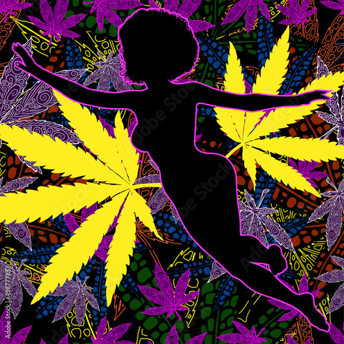 A afro hair lady dressed swimsuit. Flying in the psyhodelic space around cannabis leaf and seamless background with marijuana leafs	