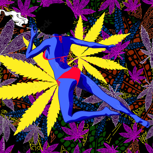A afro hair lady dressed swimsuit. Flying in the psyhodelic space around cannabis leaf and seamless background with marijuana leafs	