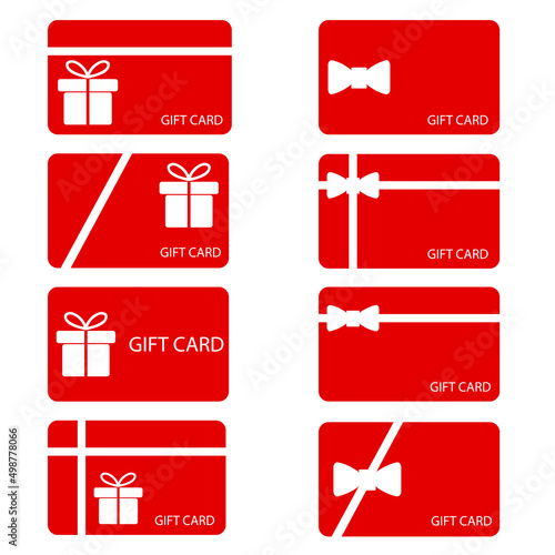 card set of red gift card coupons with white bows and gifts vector illustration eps10