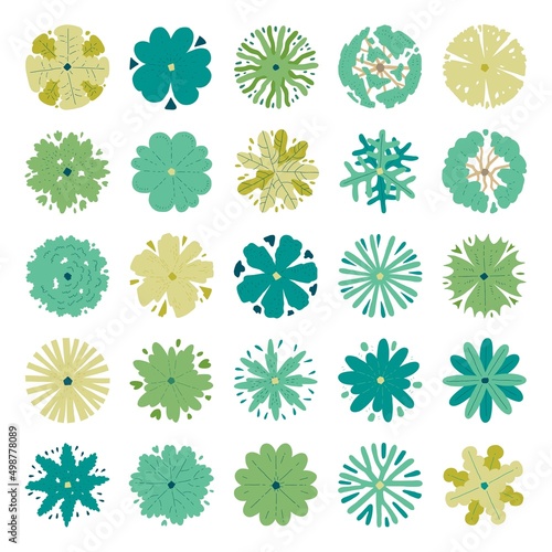 Hand drawn vector set of top view trees.