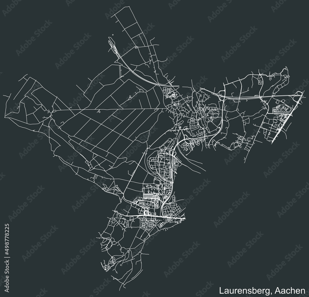 Detailed negative navigation white lines urban street roads map of the LAURENSBERG DISTRICT of the German regional capital city of Aachen, Germany on dark gray background