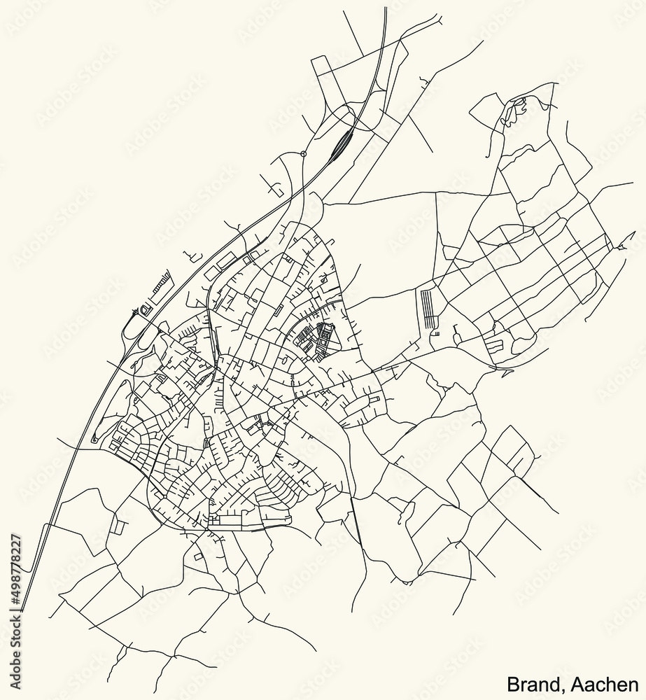Detailed navigation black lines urban street roads map of the BRAND DISTRICT of the German regional capital city of Aachen, Germany on vintage beige background