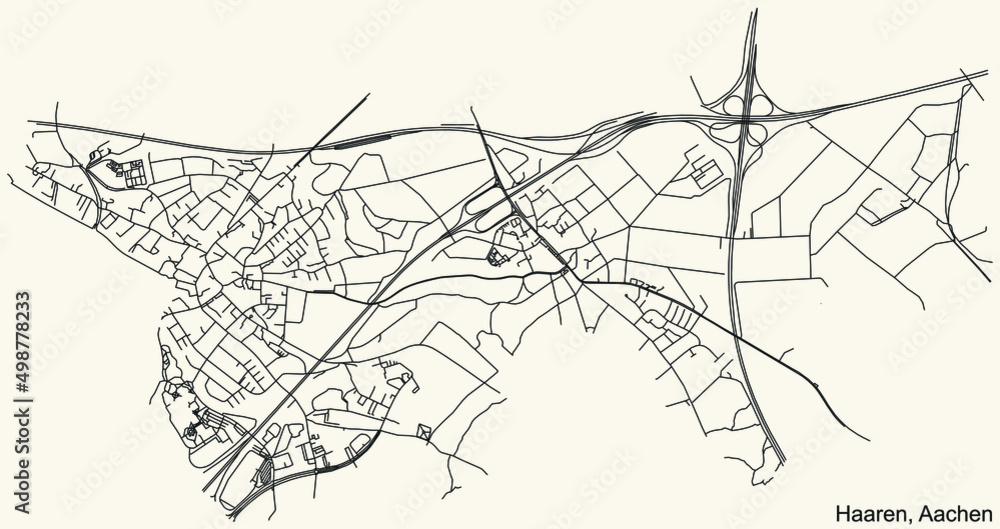 Detailed navigation black lines urban street roads map of the HAAREN DISTRICT of the German regional capital city of Aachen, Germany on vintage beige background