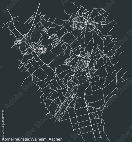 Detailed negative navigation white lines urban street roads map of the KORNELIMÜNSTER/WALHEIM DISTRICT of the German regional capital city of Aachen, Germany on dark gray background