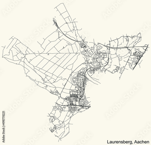 Detailed navigation black lines urban street roads map of the LAURENSBERG DISTRICT of the German regional capital city of Aachen  Germany on vintage beige background