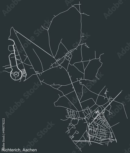 Detailed negative navigation white lines urban street roads map of the RICHTERICH DISTRICT of the German regional capital city of Aachen, Germany on dark gray background
