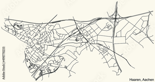 Detailed navigation black lines urban street roads map of the HAAREN DISTRICT of the German regional capital city of Aachen  Germany on vintage beige background