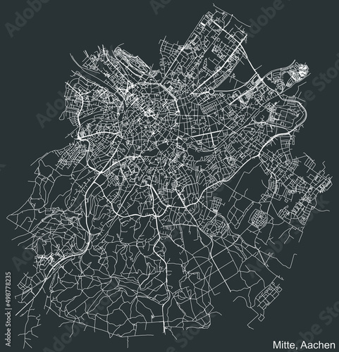 Detailed negative navigation white lines urban street roads map of the AACHEN-MITTE DISTRICT of the German regional capital city of Aachen, Germany on dark gray background