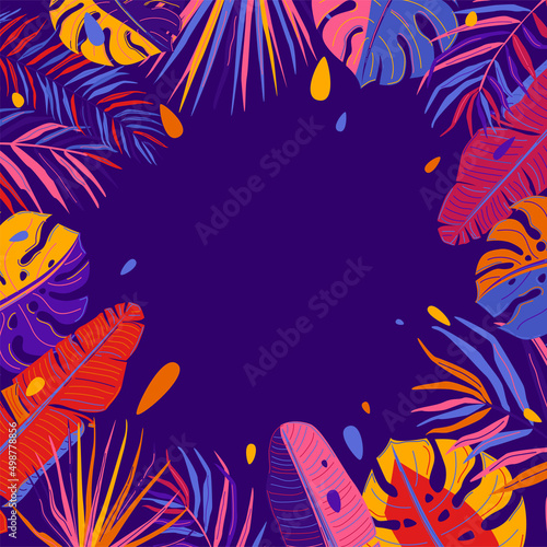 Tropical leaves vector background. Summer card  abstract pattern illustration with jungle exotic leaf  bright color drops in simple flat minimal line modern style. Copy space at the center