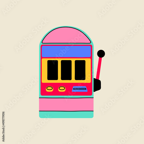 Gaming vintage and retro element Slot Machine in flat line style illustration. Hand drawn graphic casino game, one arm bandit vector, jackpot slot casino.