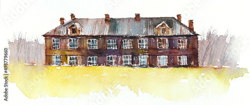 Old abandoned wooden building. White sea, Russia. Watercolor hand drawn illustration. Sketch style © budogosh