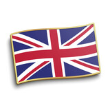 UK flag golden lapel pin isolated on white background. Great Britain flag badge vector illustration.