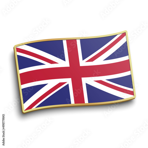 UK flag golden lapel pin isolated on white background. Great Britain flag badge vector illustration.