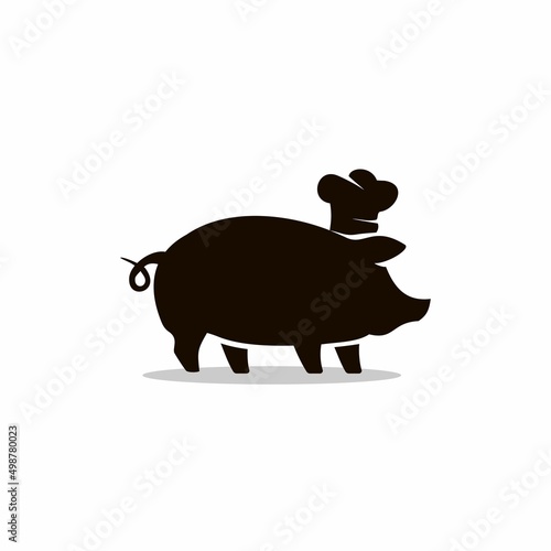 pig vector. pig with chef hat silhouette Illustration vector icon design