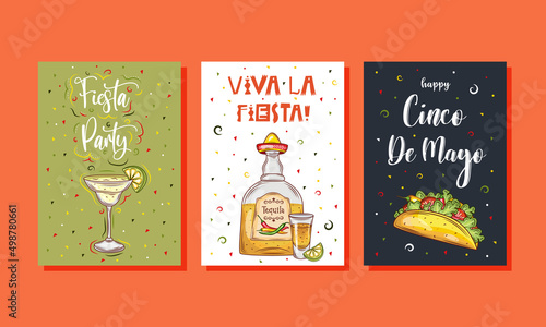 Cinco de Mayo Festival greeting cards design with sombrero, margarita coctail, tacos jalapeno, tequila and hand written text.