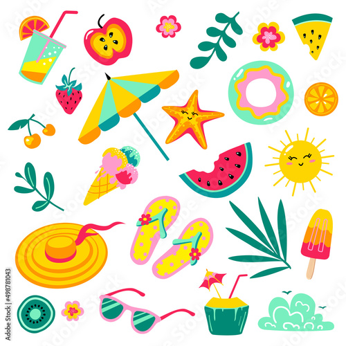 Set of cute summer icons, beach party items collection.
