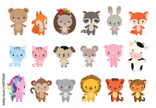 Kawaii animals vector icons. Cute illustration for children. Kids design adorable animals. Cute raccoon. Kawaii fox. Sweet cow. Funny animal set baby style.