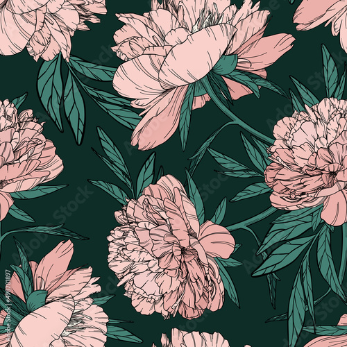 Vector vintage seamless pattern with elegant peony on dark green background. Large soft pink flower buds with black outline. Hand drawn floral element. Graphic plant decorative composition with stroke