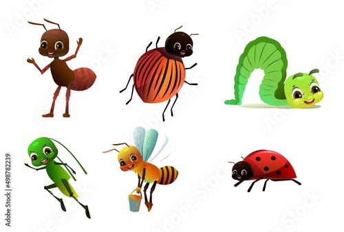 Set of insects persons. Wildlife object. Ant, ladybug and caterpillar. Colorado potato beetle, bee and grasshopper. Little funny Cute cartoon style. Isolated on white background. Vector