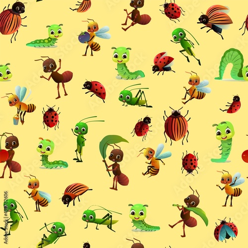 Set of insects persons. Wildlife object. Ant, ladybug and caterpillar. Seamless pattern, bee and grasshopper. Little funny Cute cartoon style. Vector