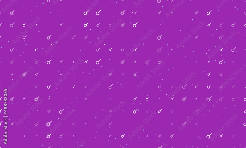 Seamless background pattern of evenly spaced white astrological connection symbols of different sizes and opacity. Vector illustration on purple background with stars