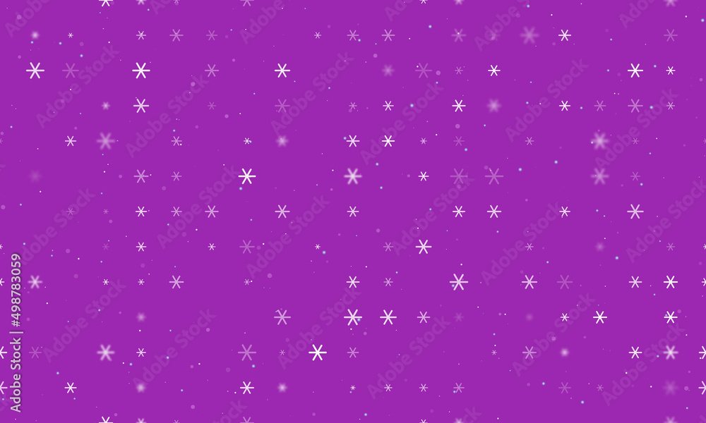 Seamless background pattern of evenly spaced white astrological sextile symbols of different sizes and opacity. Vector illustration on purple background with stars