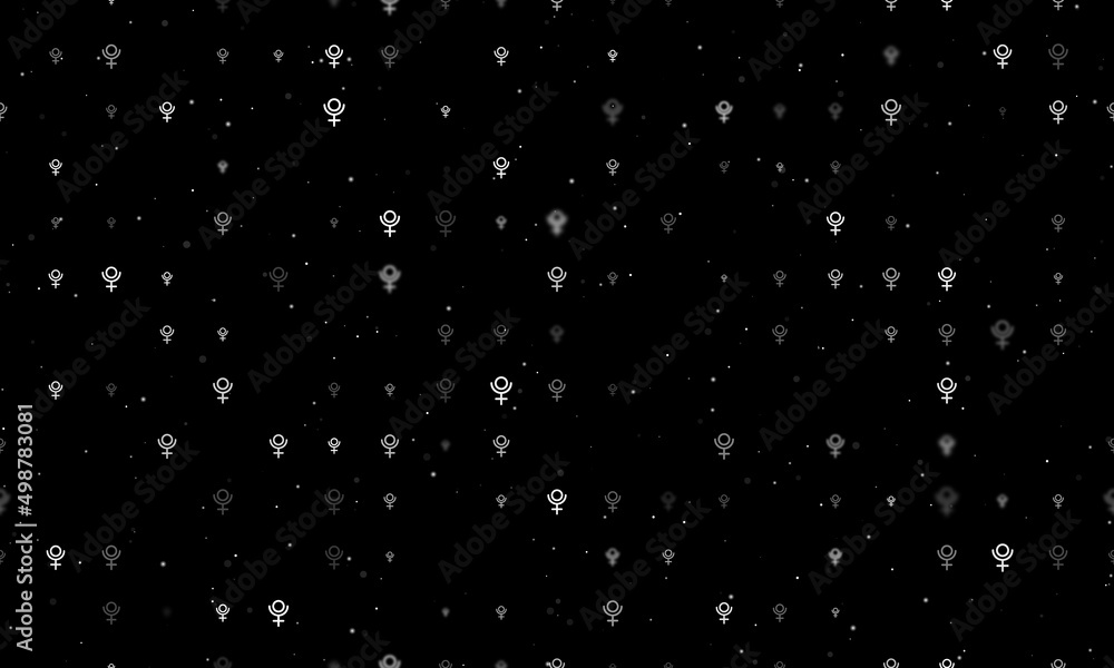 Seamless background pattern of evenly spaced white astrological pluto symbols of different sizes and opacity. Vector illustration on black background with stars