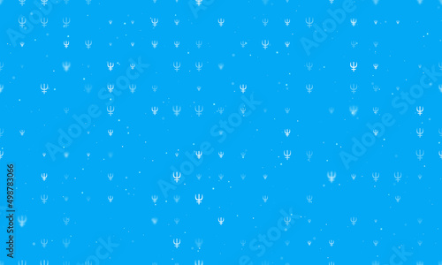 Seamless background pattern of evenly spaced white astrological neptune symbols of different sizes and opacity. Vector illustration on light blue background with stars