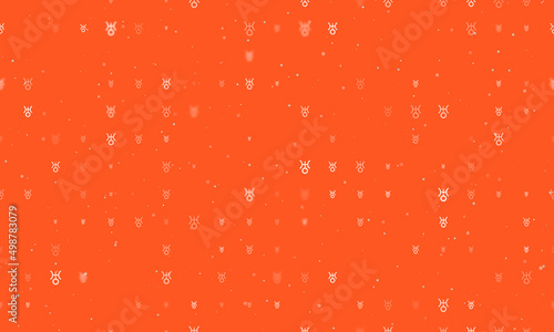 Seamless background pattern of evenly spaced white astrological uranus symbols of different sizes and opacity. Vector illustration on deep orange background with stars
